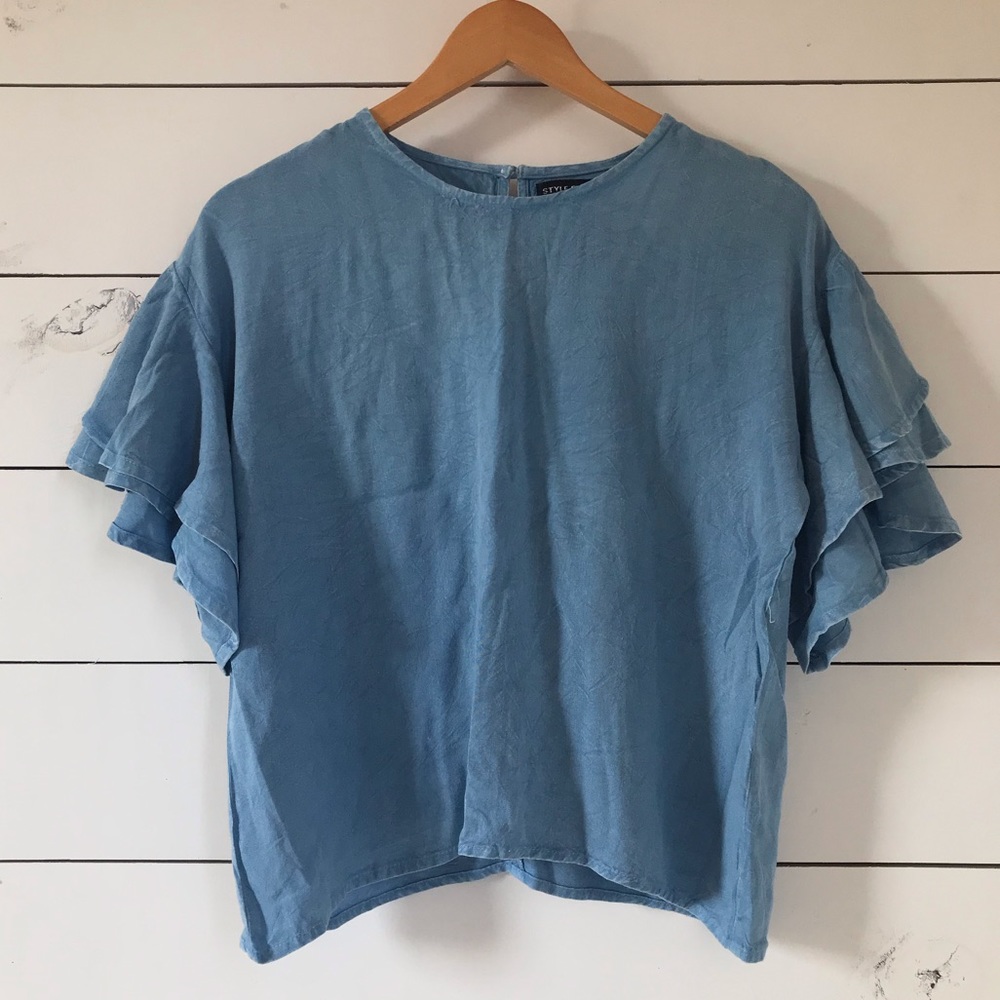 Denim ruffle sleeve blouse